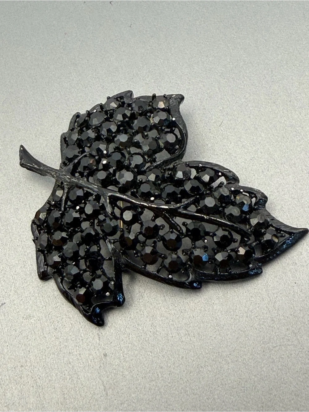Weiss Jet Black Enamel Rhinestones Blackenned Leaf Brooch Vintage Signed 2 3/4”